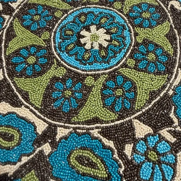 Hand Beaded MCM Vintage Round Placemats 15” Aqua Green Brown Flower Design Retro